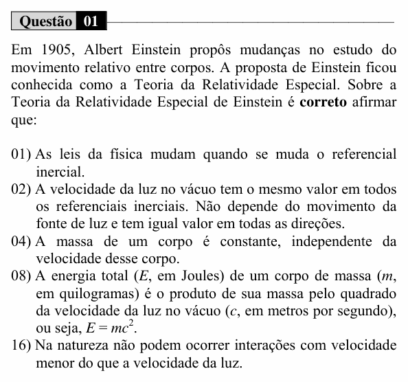 Enunciado da questão 1 de Física do UEM 2015 (Verão, Conhecimentos Específicos)