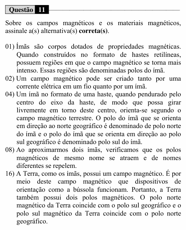 Enunciado da questão 11 de Física do UEM 2015 (Verão, Conhecimentos Específicos)