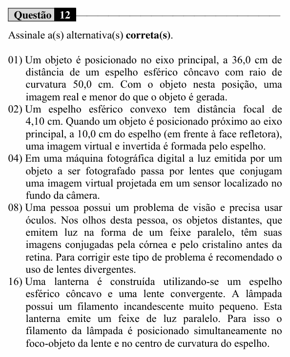 Enunciado da questão 12 de Física do UEM 2015 (Verão, Conhecimentos Específicos)
