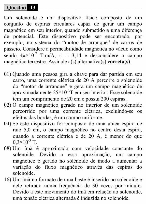 Enunciado da questão 13 de Física do UEM 2015 (Verão, Conhecimentos Específicos)