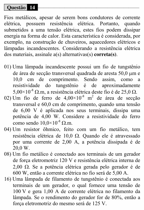 Enunciado da questão 14 de Física do UEM 2015 (Verão, Conhecimentos Específicos)