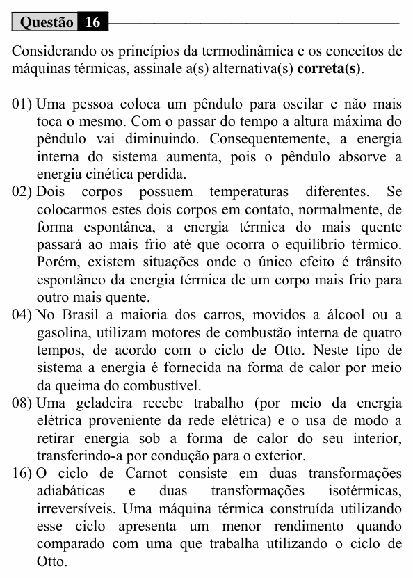 Enunciado da questão 16 de Física do UEM 2015 (Verão, Conhecimentos Específicos)