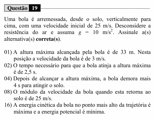 Enunciado da questão 19 de Física do UEM 2015 (Verão, Conhecimentos Específicos)