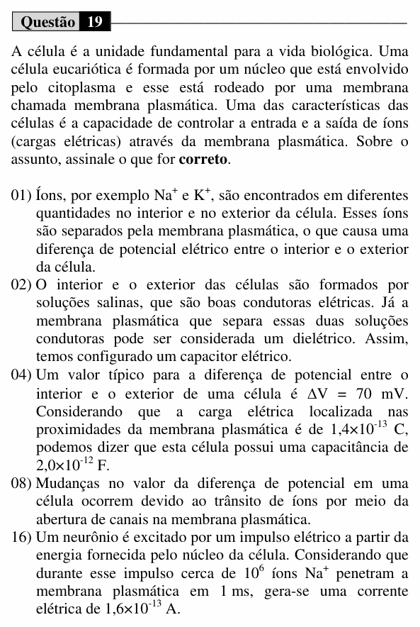 Enunciado da questão 19 de Física do UEM 2015 (Verão)