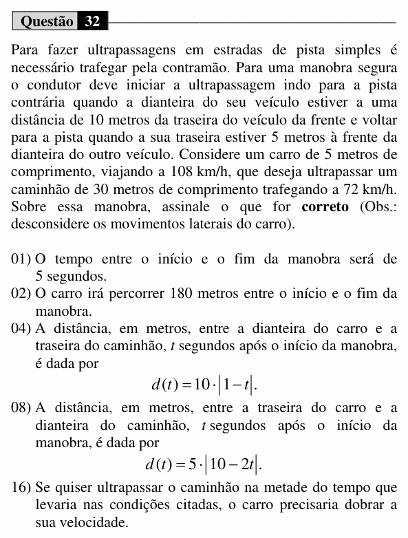 Enunciado da questão 32 de Física do UEM 2015 (Verão)