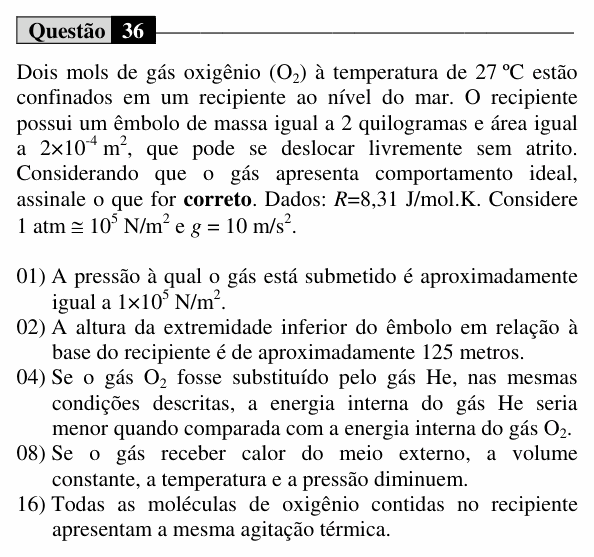 Enunciado da questão 36 de Física do UEM 2015 (Verão)