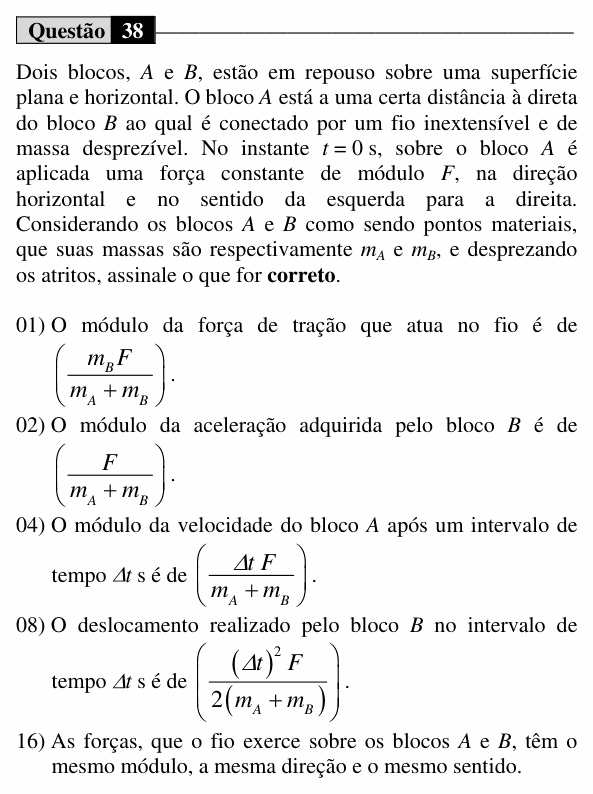 Enunciado da questão 38 de Física do UEM 2015 (Verão)