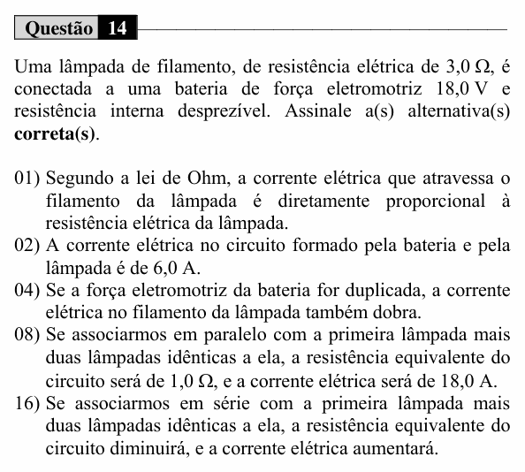Enunciado da questão 14 de Física do UEM 2016 (Inverno, Conhecimentos Específicos)