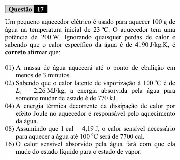 Enunciado da questão 17 de Física do UEM 2016 (Inverno, Conhecimentos Específicos)