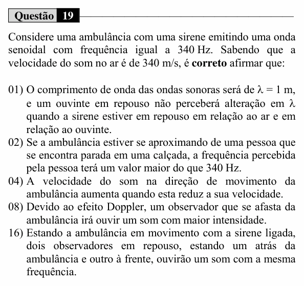 Enunciado da questão 19 de Física do UEM 2016 (Inverno, Conhecimentos Específicos)