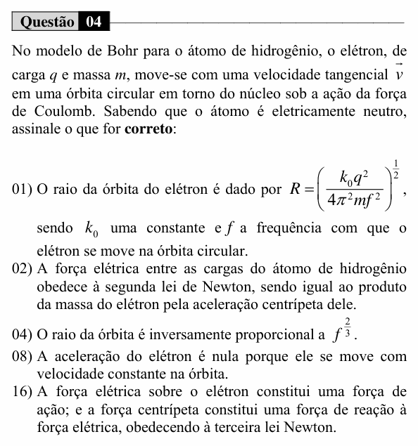 Enunciado da questão 4 de Física do UEM 2016 (Inverno, Conhecimentos Específicos)