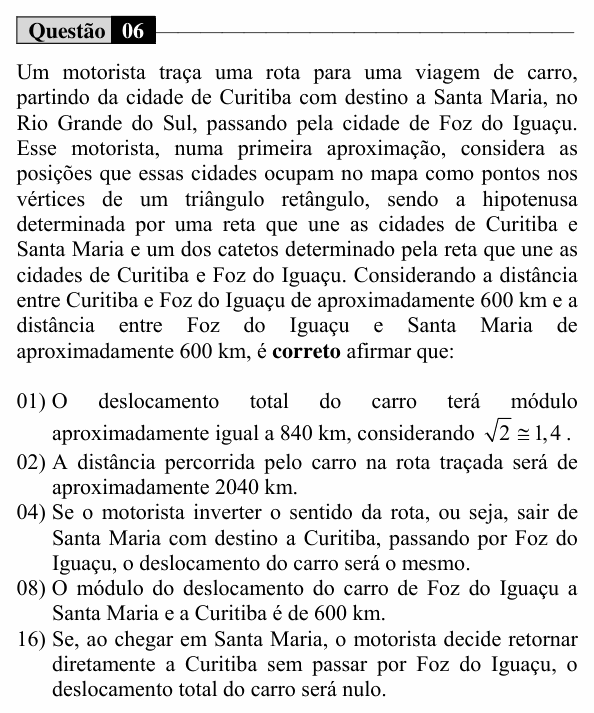Enunciado da questão 6 de Física do UEM 2016 (Inverno, Conhecimentos Específicos)