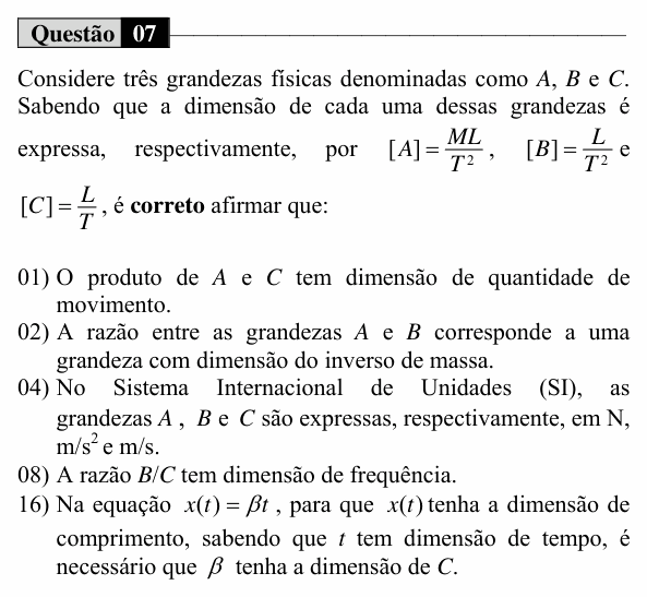 Enunciado da questão 7 de Física do UEM 2016 (Inverno, Conhecimentos Específicos)