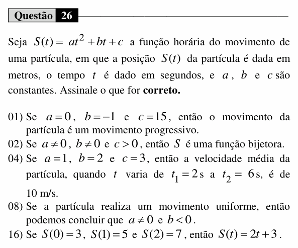Enunciado da questão 26 de Física do UEM 2016 (Inverno)