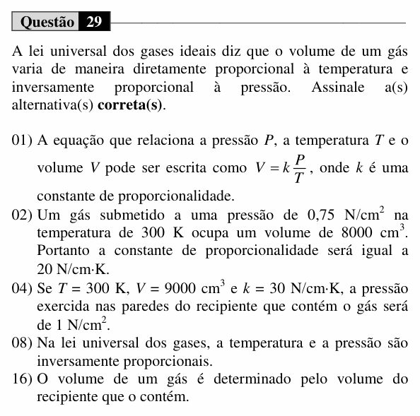 Enunciado da questão 29 de Física do UEM 2016 (Inverno)