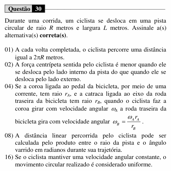 Enunciado da questão 30 de Física do UEM 2016 (Inverno)