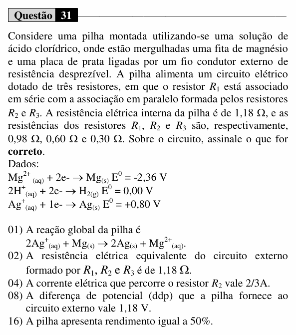 Enunciado da questão 31 de Física do UEM 2016 (Inverno)