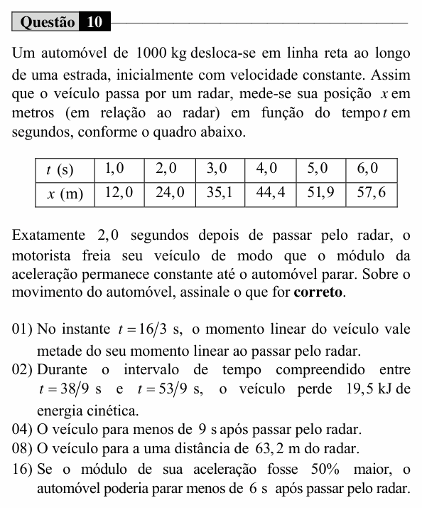 Enunciado da questão 10 de Física do UEM 2016 (Verão, Conhecimentos Específicos)