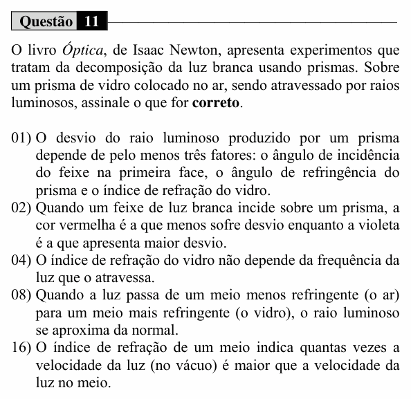 Enunciado da questão 11 de Física do UEM 2016 (Verão, Conhecimentos Específicos)