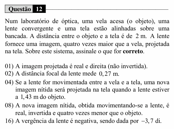 Enunciado da questão 12 de Física do UEM 2016 (Verão, Conhecimentos Específicos)