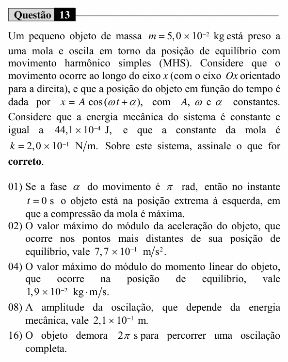 Enunciado da questão 13 de Física do UEM 2016 (Verão, Conhecimentos Específicos)