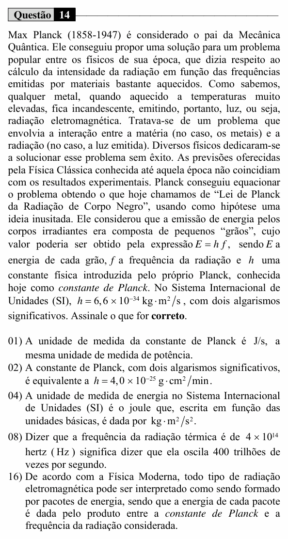 Enunciado da questão 14 de Física do UEM 2016 (Verão, Conhecimentos Específicos)