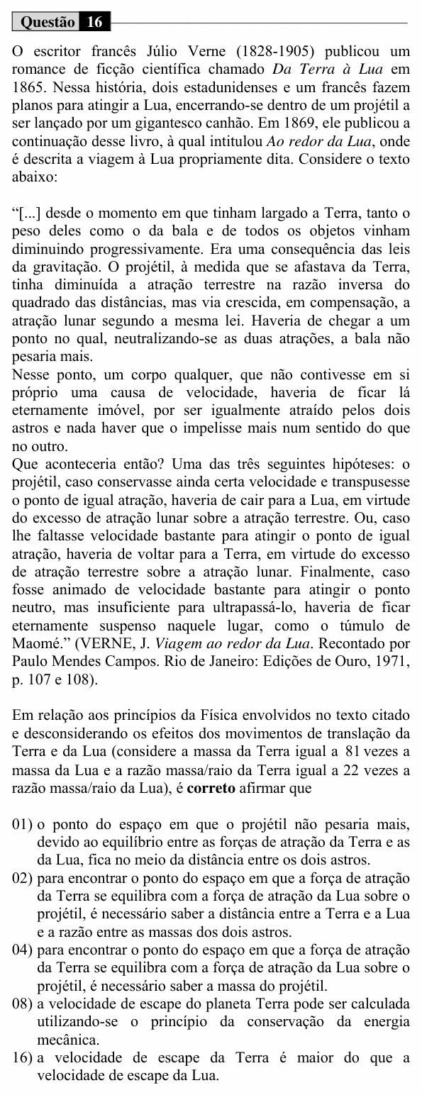 Enunciado da questão 16 de Física do UEM 2016 (Verão, Conhecimentos Específicos)