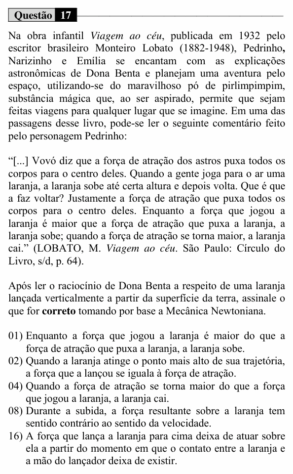 Enunciado da questão 17 de Física do UEM 2016 (Verão, Conhecimentos Específicos)