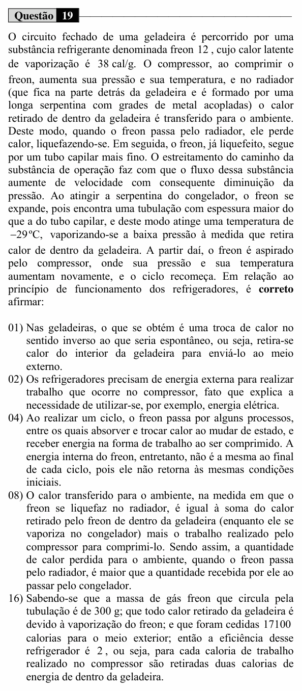 Enunciado da questão 19 de Física do UEM 2016 (Verão, Conhecimentos Específicos)