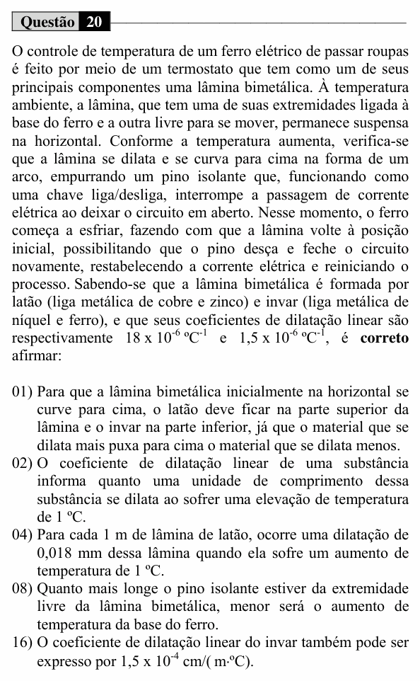 Enunciado da questão 20 de Física do UEM 2016 (Verão, Conhecimentos Específicos)
