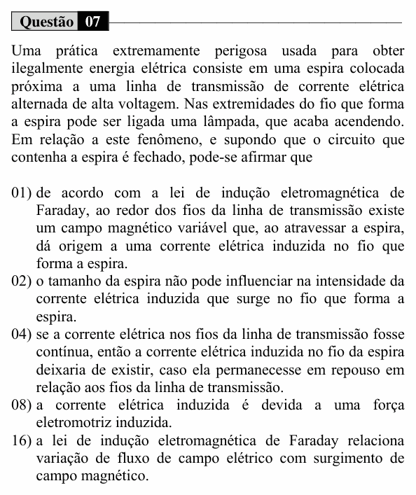 Enunciado da questão 7 de Física do UEM 2016 (Verão, Conhecimentos Específicos)