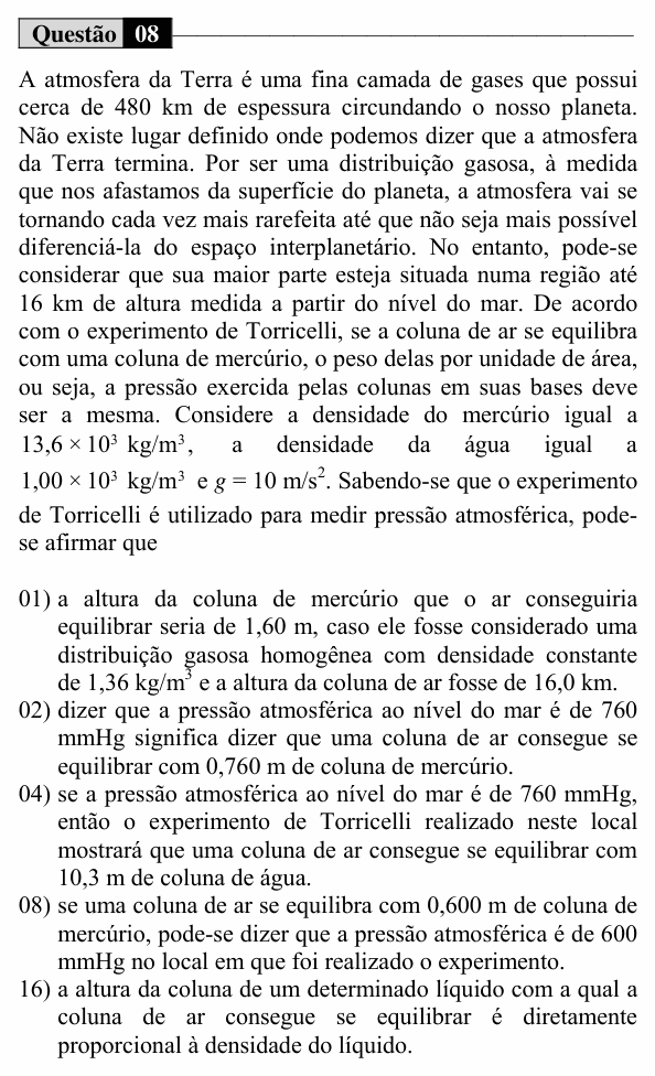 Enunciado da questão 8 de Física do UEM 2016 (Verão, Conhecimentos Específicos)
