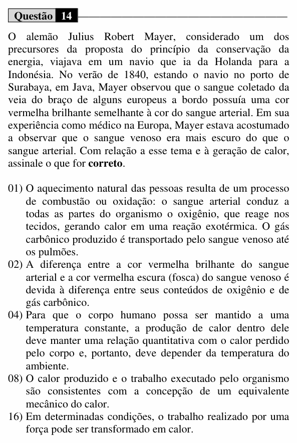 Enunciado da questão 14 de Física do UEM 2016 (Verão)
