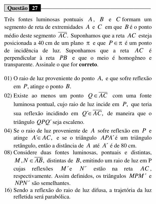 Enunciado da questão 27 de Física do UEM 2016 (Verão)