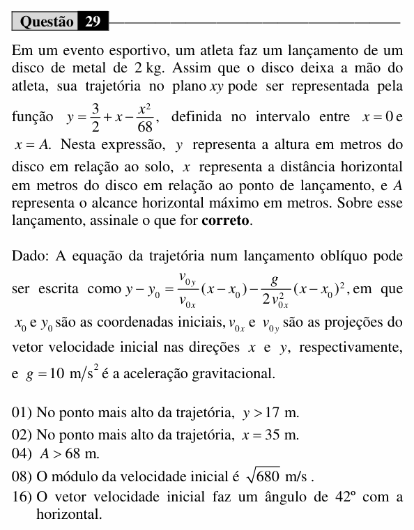 Enunciado da questão 29 de Física do UEM 2016 (Verão)