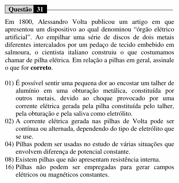 Enunciado da questão 31 de Física do UEM 2016 (Verão)