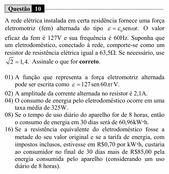 Enunciado da questão 10 de Física do UEM 2017 (Inverno, Conhecimentos Específicos)