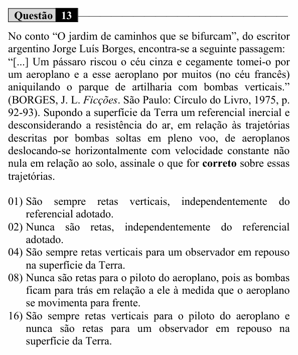 Enunciado da questão 13 de Física do UEM 2017 (Inverno, Conhecimentos Específicos)