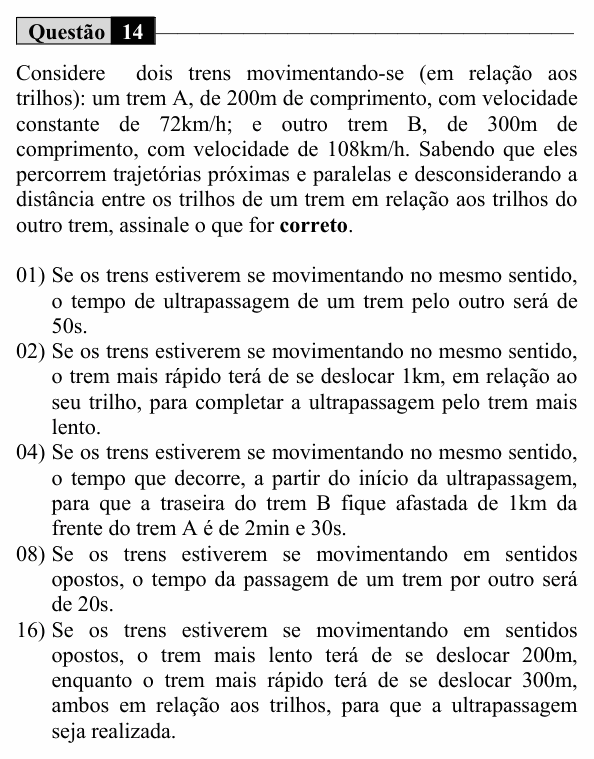 Enunciado da questão 14 de Física do UEM 2017 (Inverno, Conhecimentos Específicos)