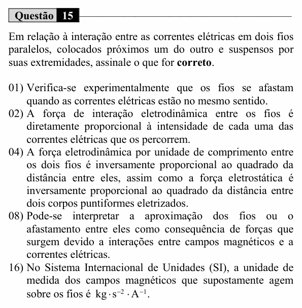 Enunciado da questão 15 de Física do UEM 2017 (Inverno, Conhecimentos Específicos)