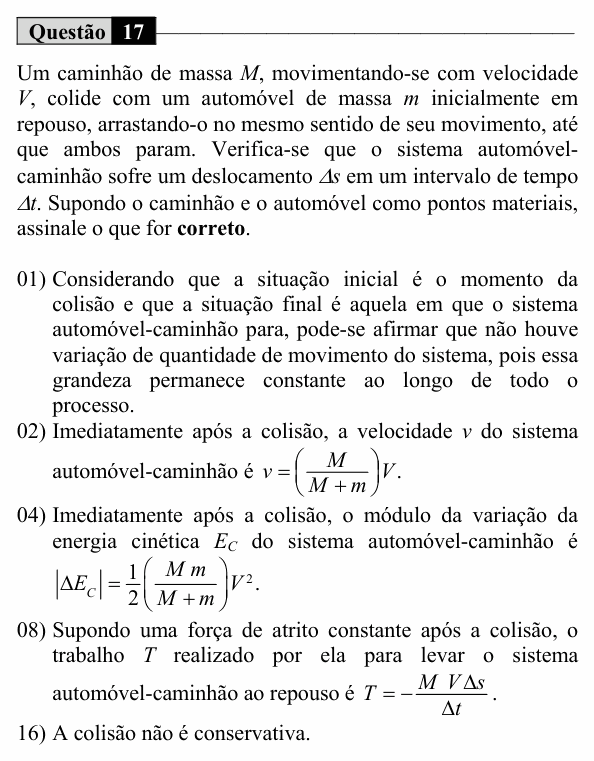 Enunciado da questão 17 de Física do UEM 2017 (Inverno, Conhecimentos Específicos)
