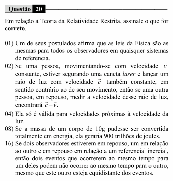 Enunciado da questão 20 de Física do UEM 2017 (Inverno, Conhecimentos Específicos)