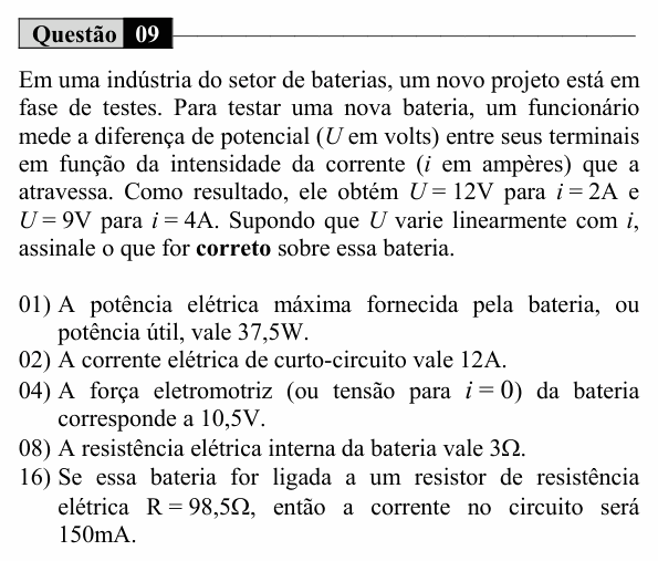 Enunciado da questão 9 de Física do UEM 2017 (Inverno, Conhecimentos Específicos)