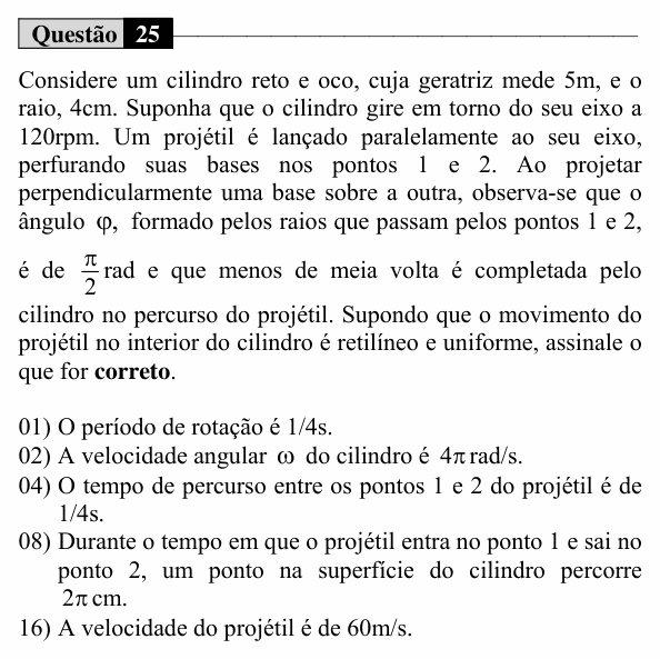Enunciado da questão 25 de Física do UEM 2017 (Inverno)