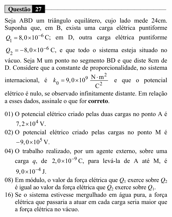 Enunciado da questão 27 de Física do UEM 2017 (Inverno)
