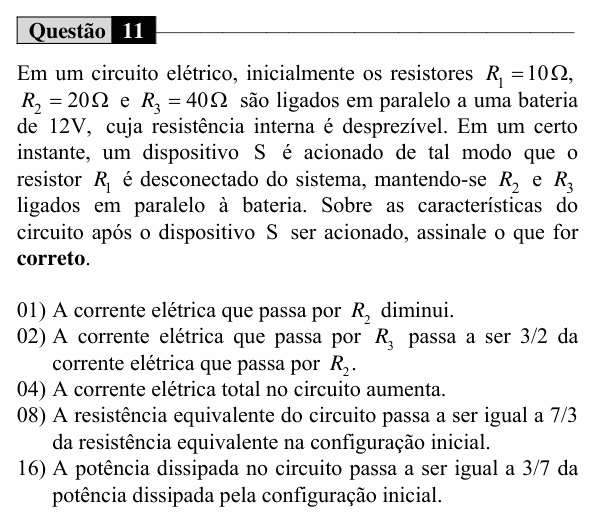 Enunciado da questão 11 de Física do UEM 2017 (Verão, Conhecimentos Específicos)