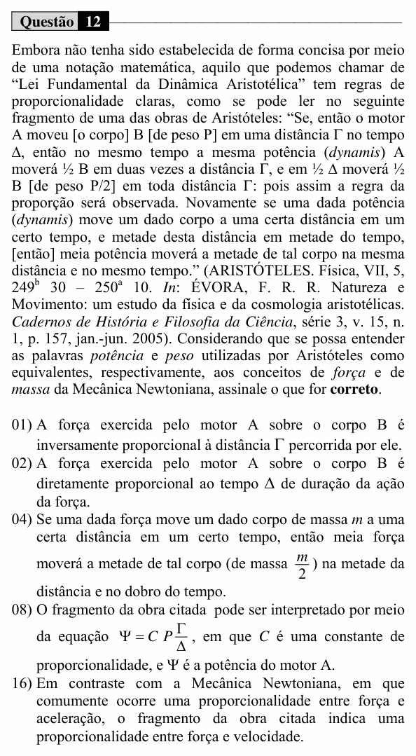 Enunciado da questão 12 de Física do UEM 2017 (Verão, Conhecimentos Específicos)