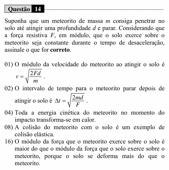 Enunciado da questão 14 de Física do UEM 2017 (Verão, Conhecimentos Específicos)