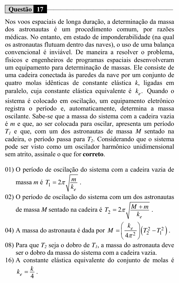 Enunciado da questão 17 de Física do UEM 2017 (Verão, Conhecimentos Específicos)