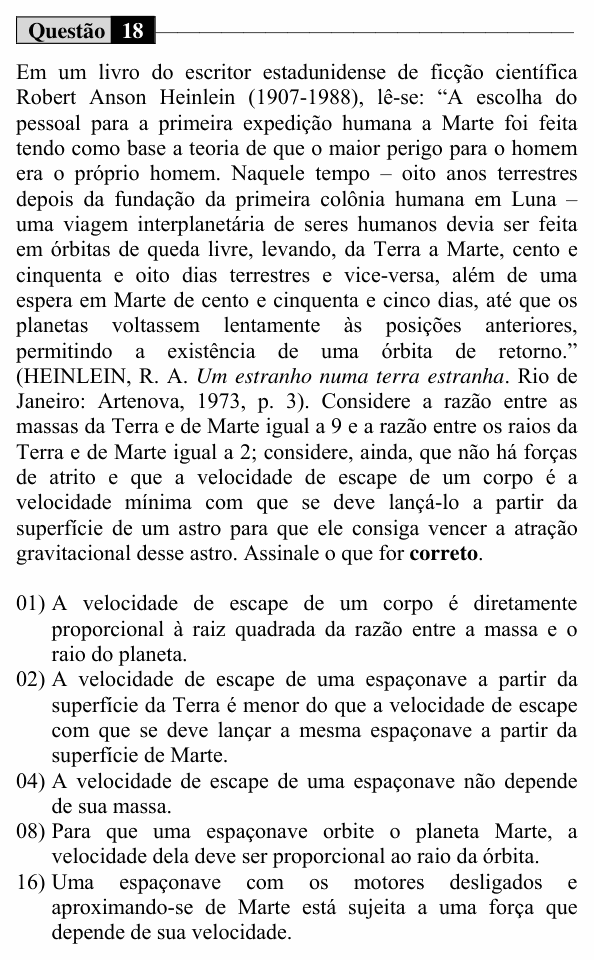 Enunciado da questão 18 de Física do UEM 2017 (Verão, Conhecimentos Específicos)